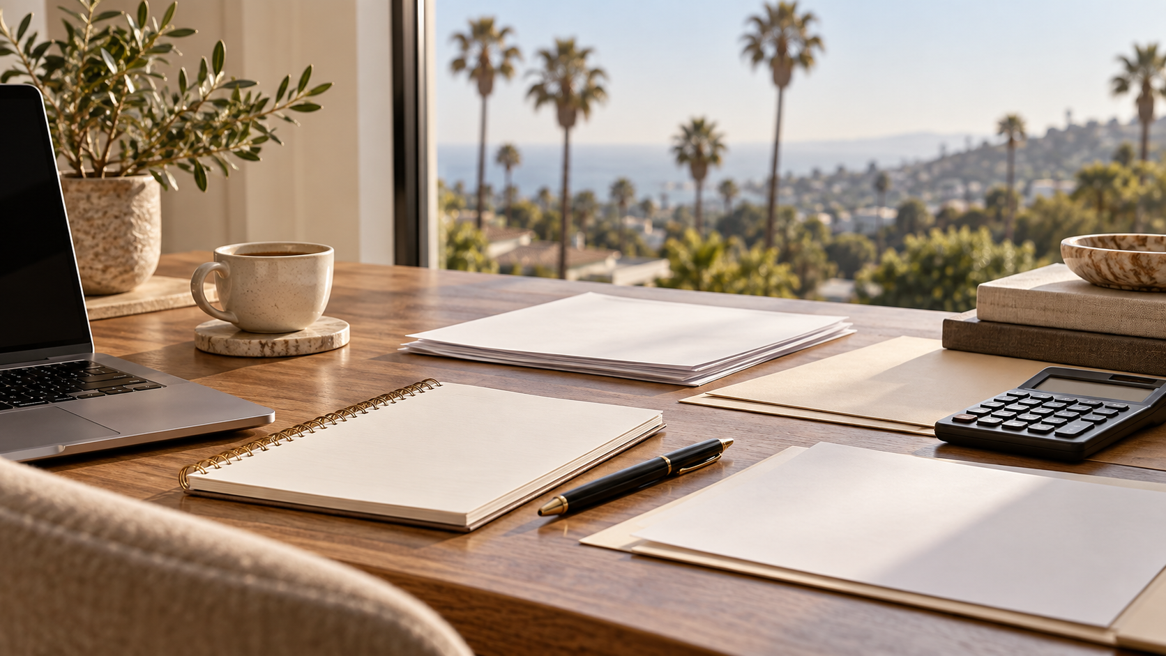 A notebook and pen on a sunlit wooden desk overlooking California palms