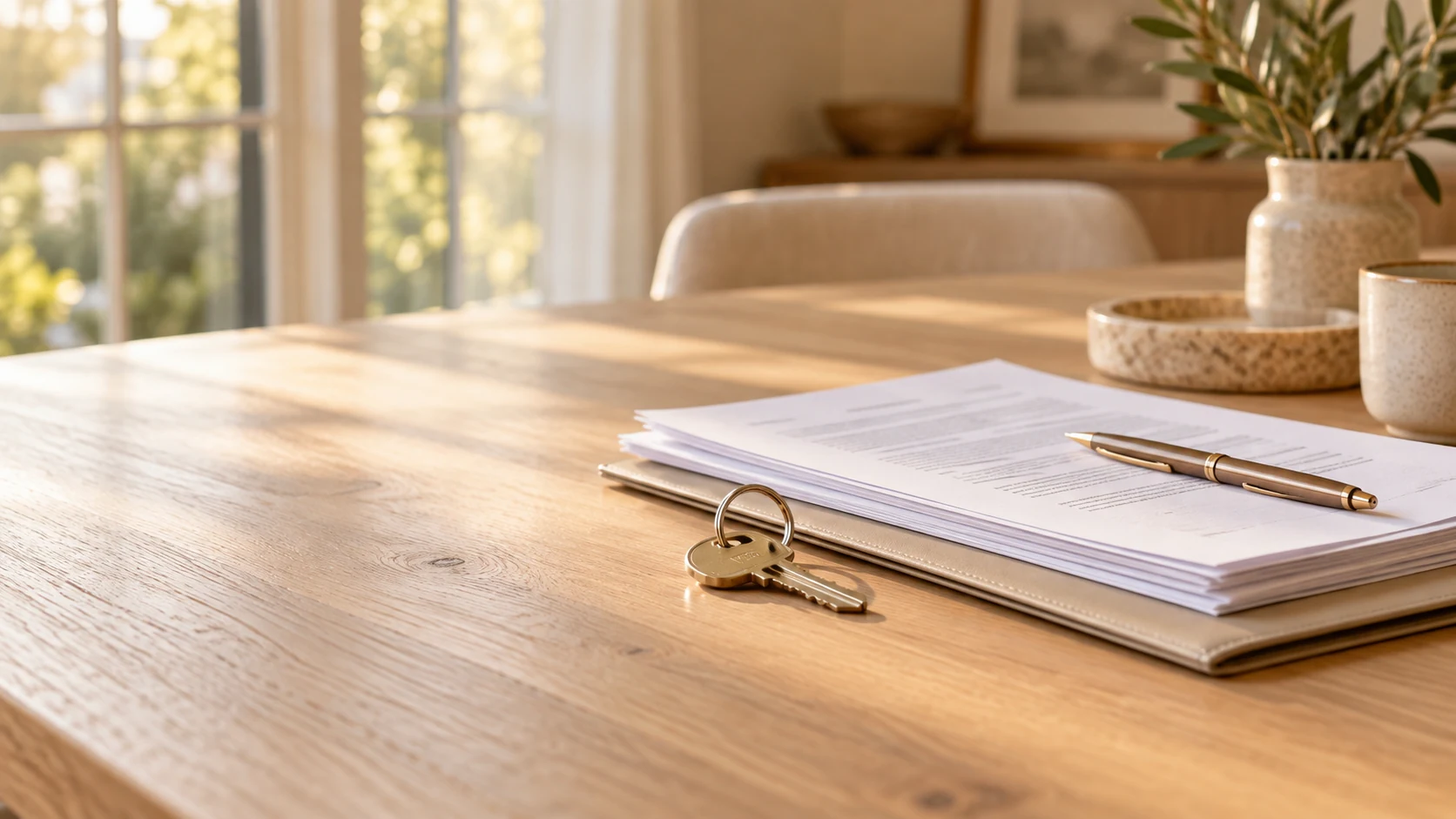 Illustrative house keys beside closing paperwork and a pen