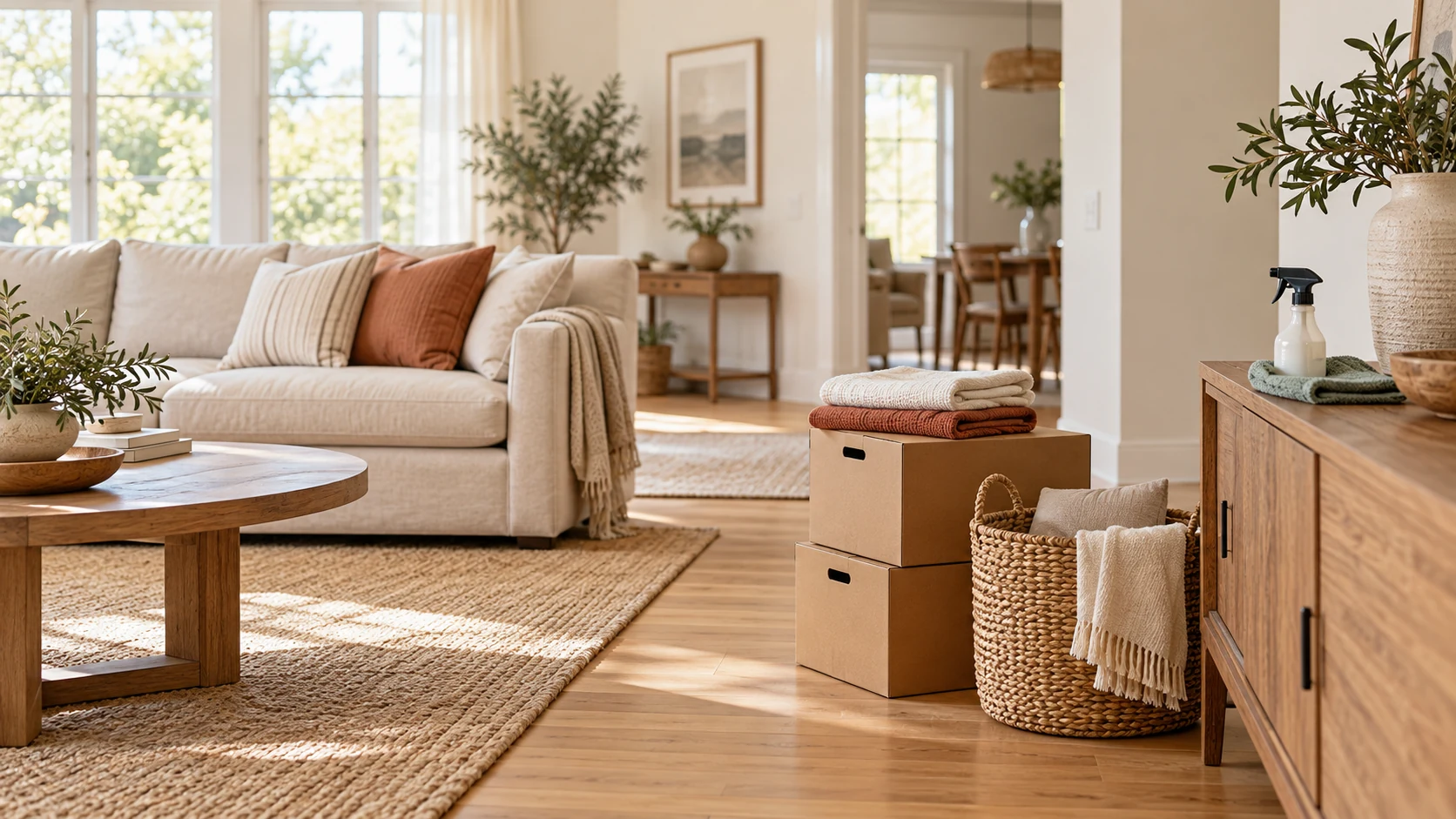 Illustrative home preparation with moving boxes, folded linens, and cleaning supplies